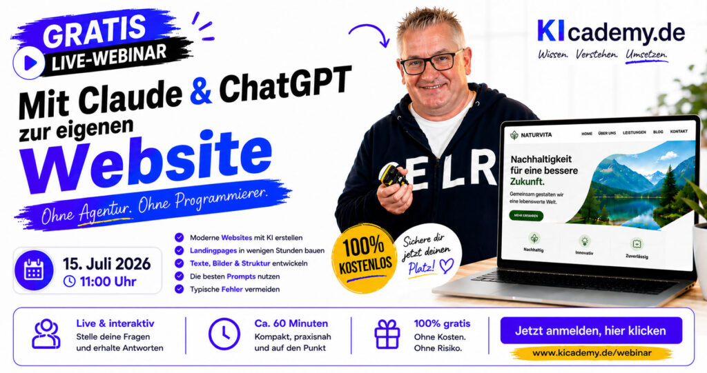 Vibe Coding - Gratis-Webinar: Mit Claude und ChatGPT zur eigenen Website. Ohne Agentur. Ohne Programmierer.